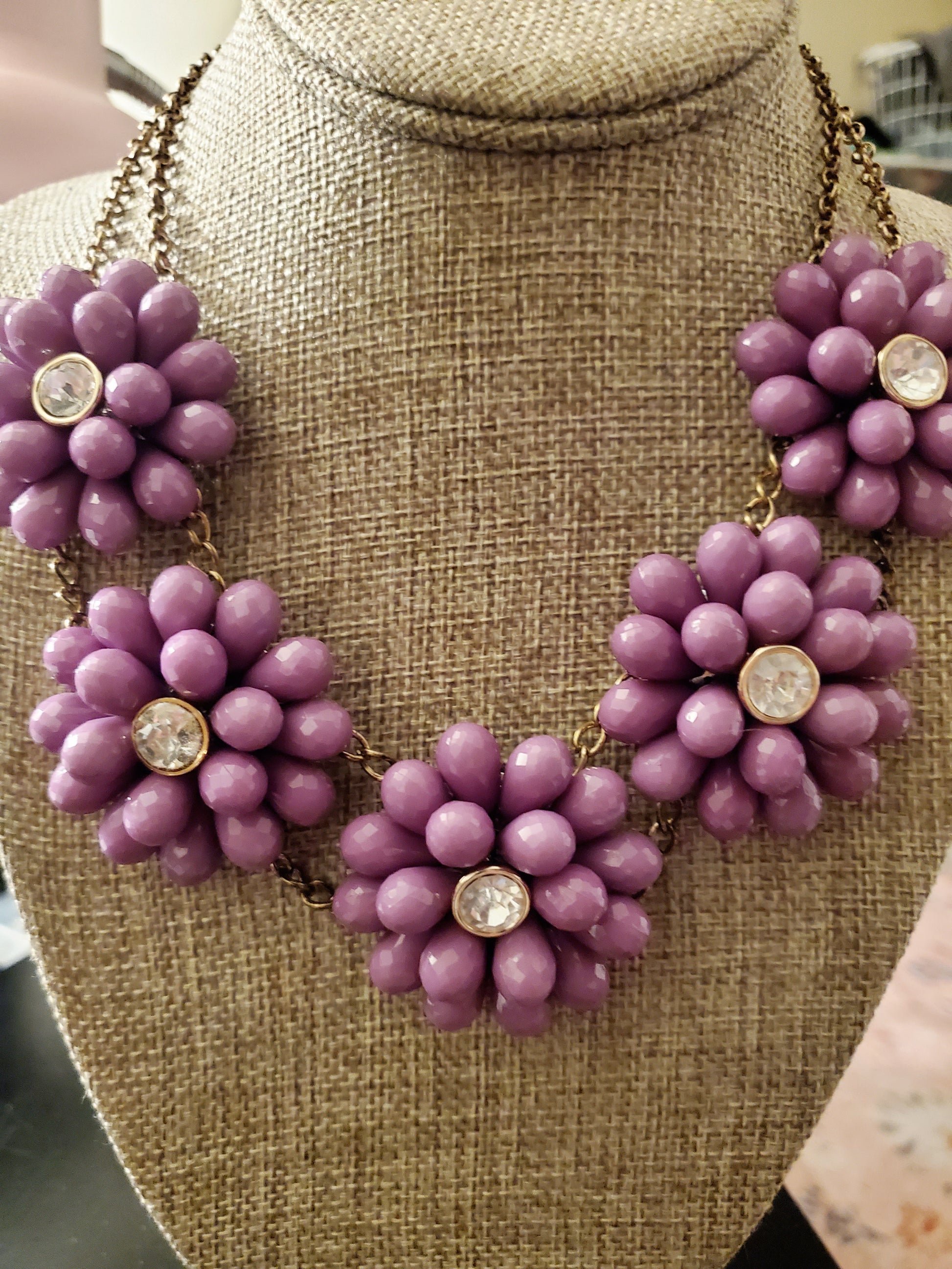 Purple Floral Bead Necklace Adjustable/Earrings 