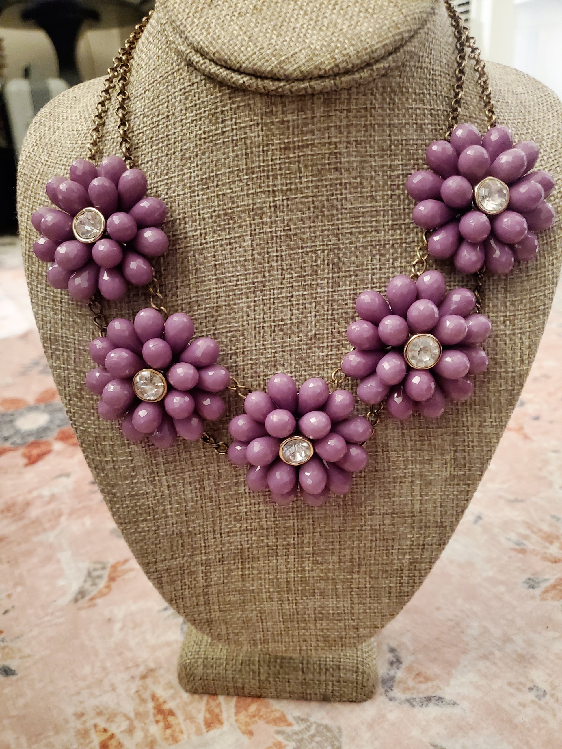 Purple Floral Bead Necklace w/Earrings