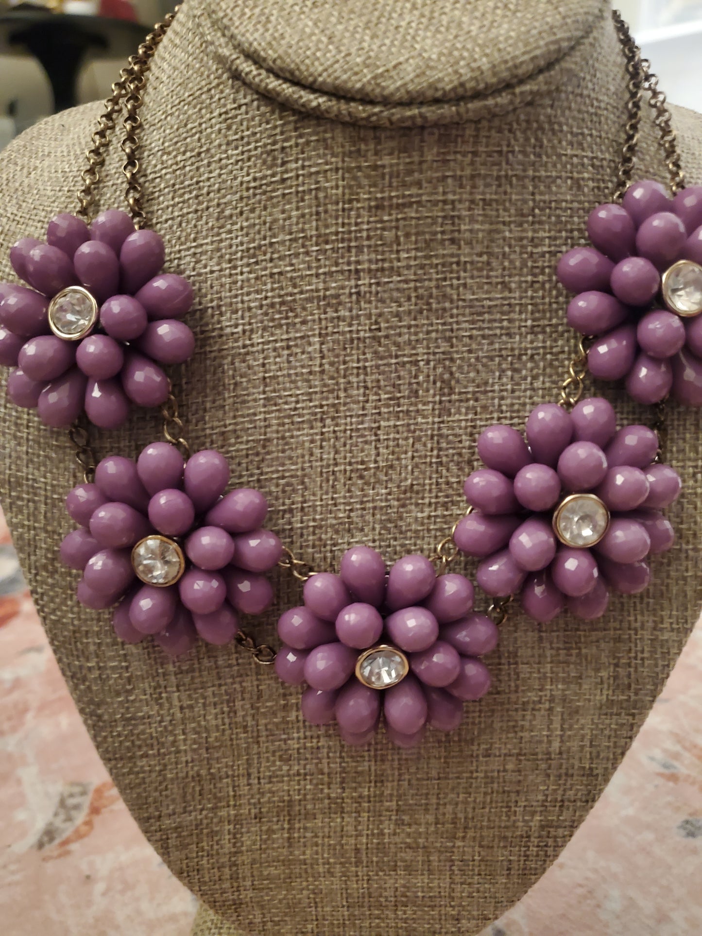 Purple Floral Bead Necklace w/Earrings