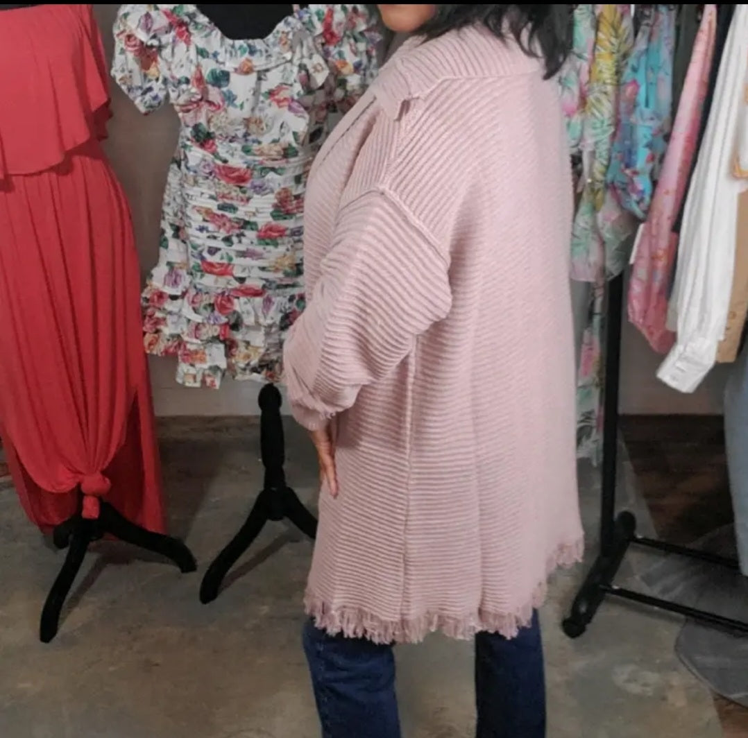 Mauve Ribbed Raw Edge Cardigan