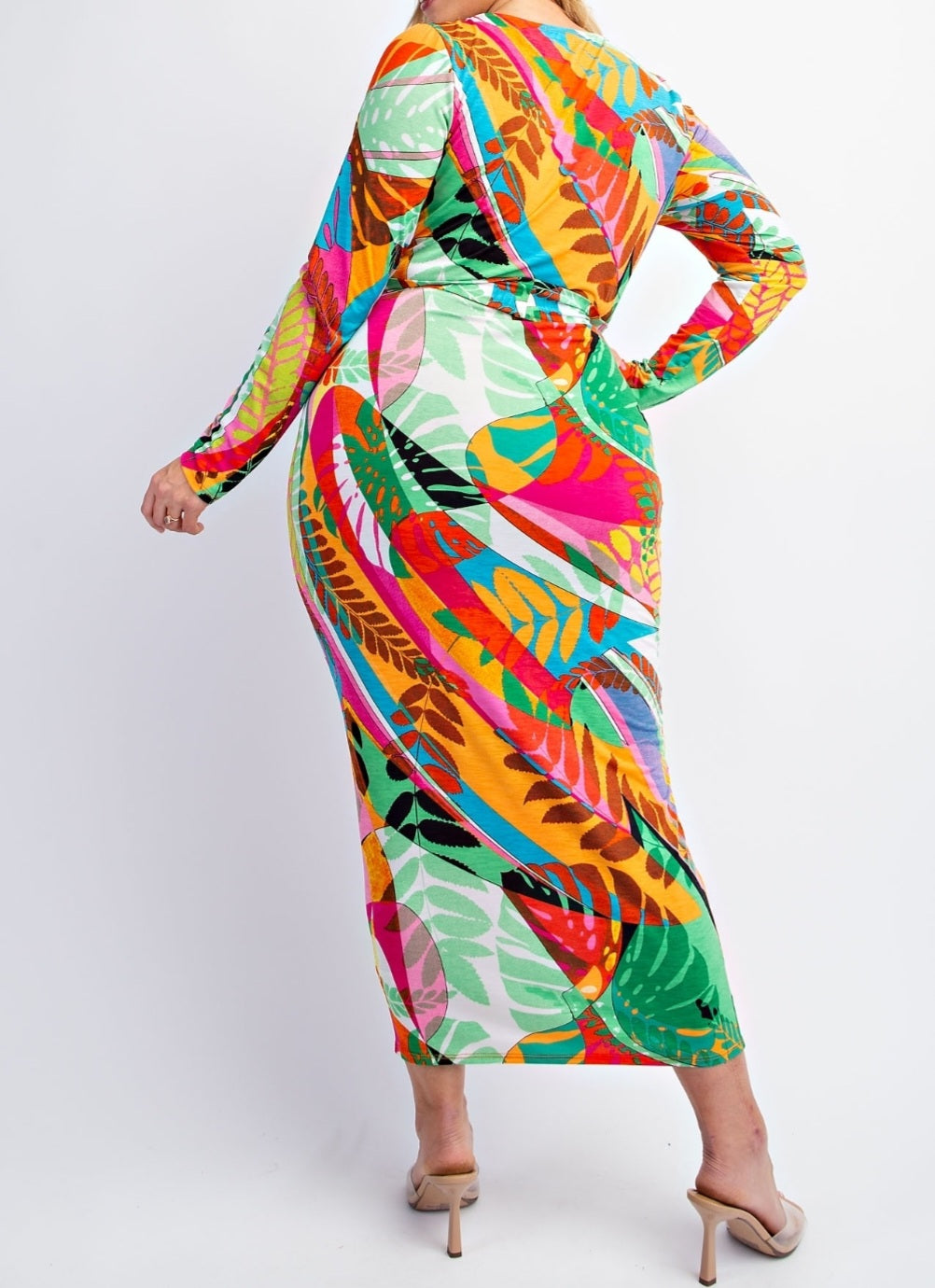 Tropical Long Sleeve Midi Dress