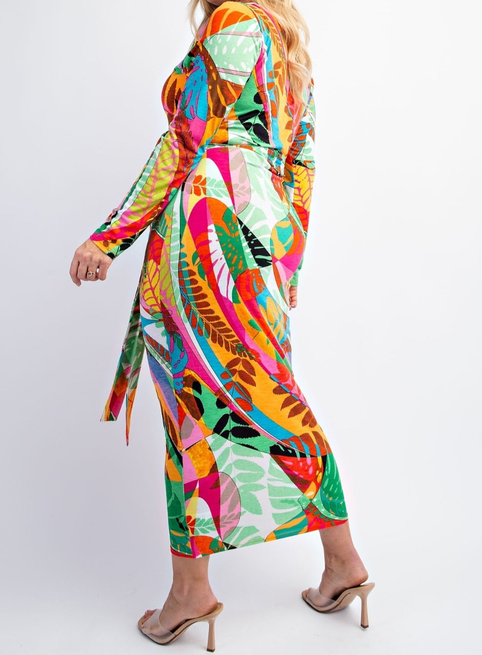 Tropical Long Sleeve Midi Dress