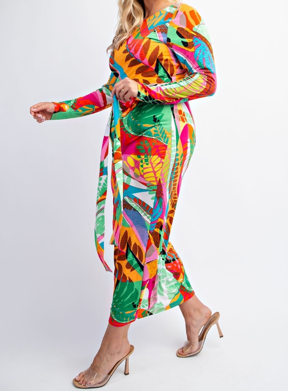 Tropical Long Sleeve Midi Dress