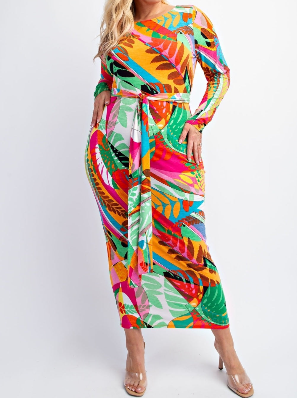 Tropical Long Sleeve Midi Dress