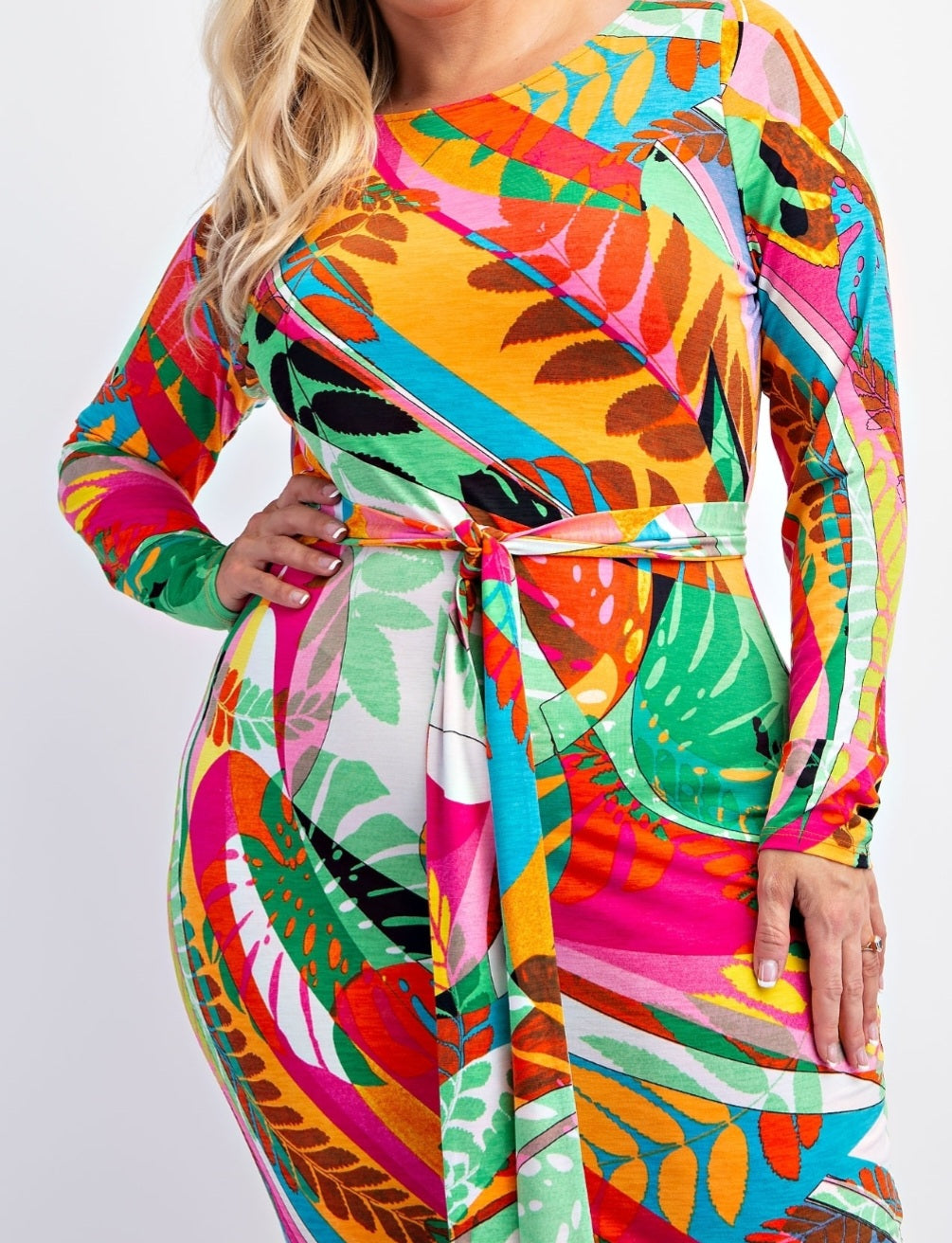 Tropical Long Sleeve Midi Dress