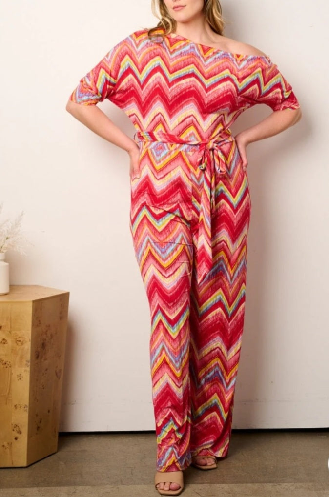 Red Multi-Color Jumpsuit/Plus Size 1X-3X 