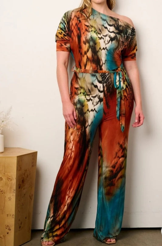 Rust Multi-Color Jumpsuit/Plus Size 1X-3X 