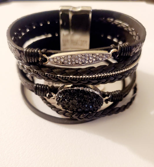 Black and Silver Leather Bracelet