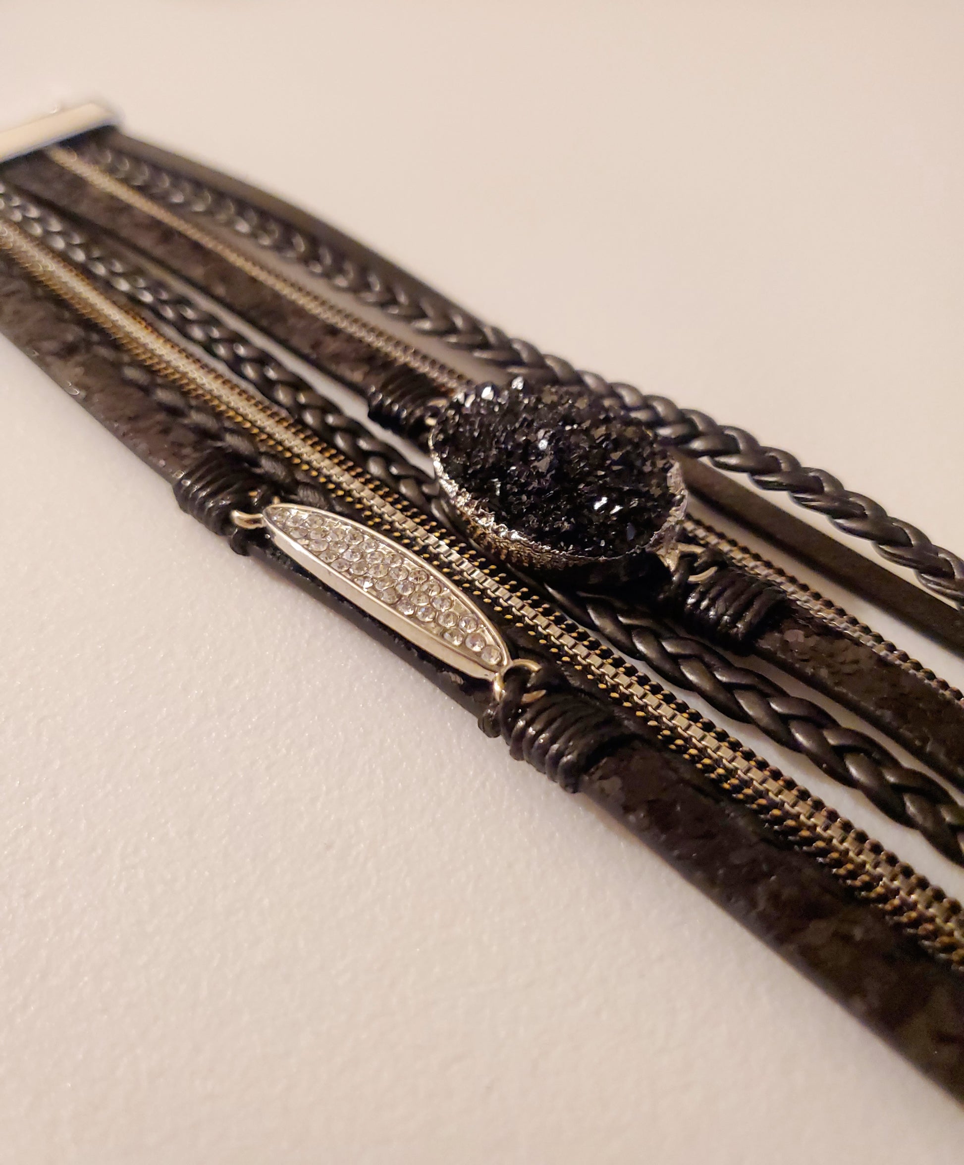 Black and Silver Leather Bracelet