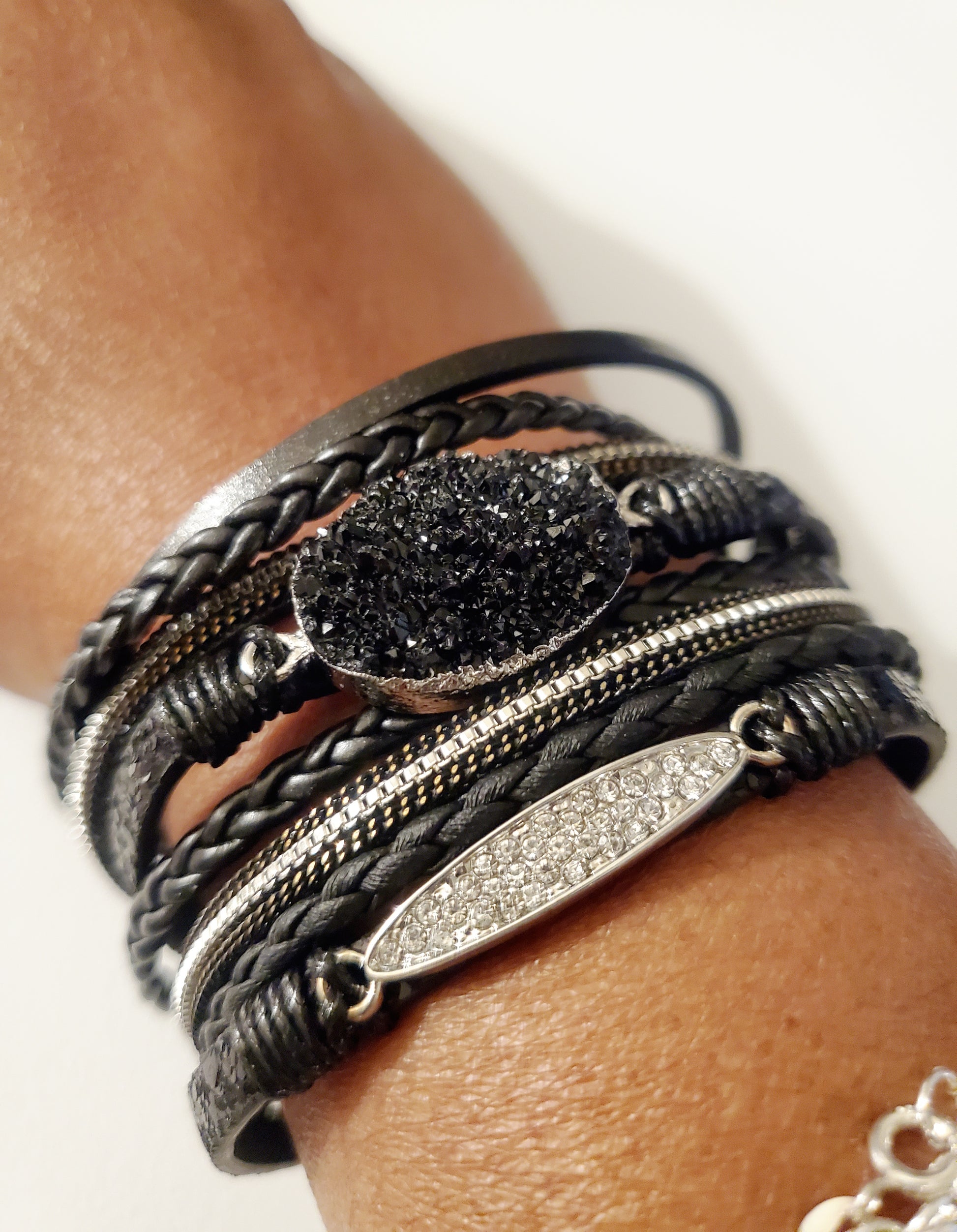 Black and Silver Leather Bracelet