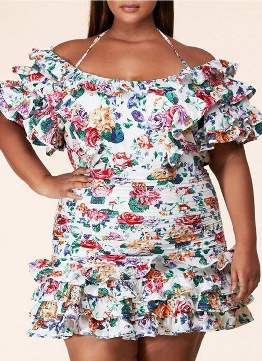 Ruffle Floral Mini Dress Plus Size 1X-3X 